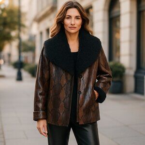 NWT BLANKNYC Snakeskin Print Faux Leather Jacket with Faux Fur Trim Small